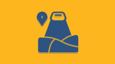 Blue Map pointer with mountain icon isolated on orange background. Mountains travel icon. 4K Video motion graphic animation .