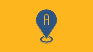 Blue Map pin icon isolated on orange background. Navigation, pointer, location, map, gps, direction, place, compass, search concept. 4K Video motion graphic animation .