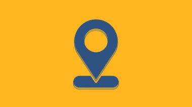 Blue Map pin icon isolated on orange background. Navigation, pointer, location, map, gps, direction, place, compass, search concept. 4K Video motion graphic animation .
