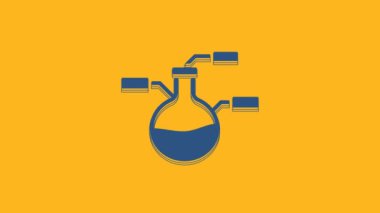Blue Test tube and flask chemical laboratory test icon isolated on orange background. Laboratory glassware sign. 4K Video motion graphic animation .