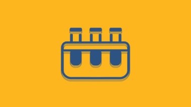 Blue Test tube and flask chemical laboratory test icon isolated on orange background. Laboratory glassware sign. 4K Video motion graphic animation .