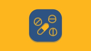 Blue Medicine pill or tablet icon isolated on orange background. Capsule pill and drug sign. Pharmacy design. 4K Video motion graphic animation .