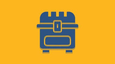 Blue Antique treasure chest icon isolated on orange background. Vintage wooden chest with golden coin. 4K Video motion graphic animation .