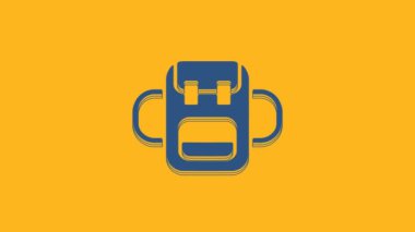 Blue School backpack icon isolated on orange background. 4K Video motion graphic animation .