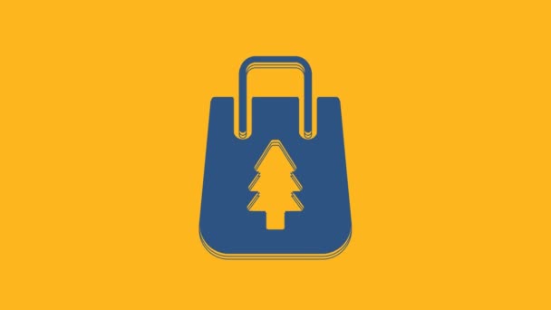 Μπλε Χριστουγεννιάτικο Χαρτί Τσάντα Ψώνια Εικονίδιο Απομονώνονται Πορτοκαλί Φόντο Πινακίδα — Αρχείο Βίντεο