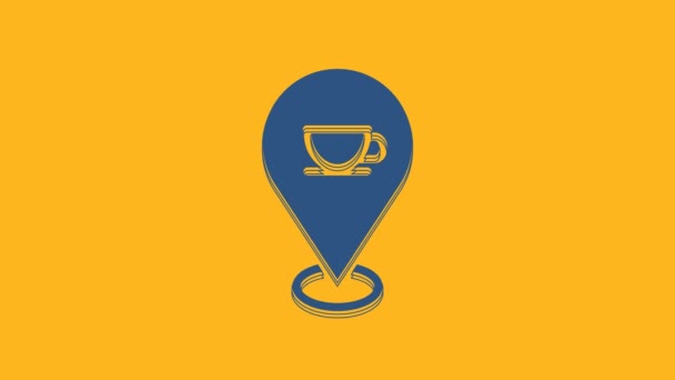 Blue Location Coffee Cup Icon Isolated Orange Background Video Motion — стоковое видео