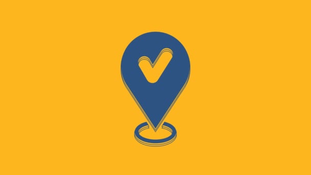 Blue Map Pin Check Mark Icon Isolated Orange Background Navigation — стоковое видео