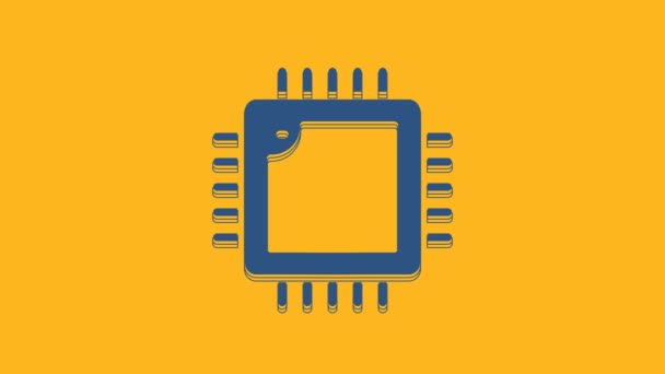 Niebieski Procesor Komputerowy Mikroukładami Ikona Procesora Wyizolowana Pomarańczowym Tle Chip — Wideo stockowe