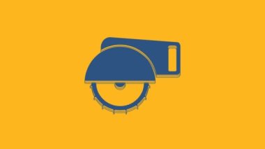 Blue Electric circular saw with steel toothed disc icon isolated on orange background. Electric hand tool for cutting wood or metal. 4K Video motion graphic animation .