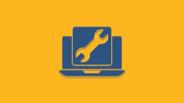 Blue Laptop with wrench icon isolated on orange background. Adjusting, service, setting, maintenance, repair, fixing. 4K Video motion graphic animation .
