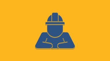 Blue Builder icon isolated on orange background. Construction worker. 4K Video motion graphic animation .