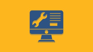 Blue Computer monitor with wrench icon isolated on orange background. Adjusting, service, setting, maintenance, repair. 4K Video motion graphic animation .