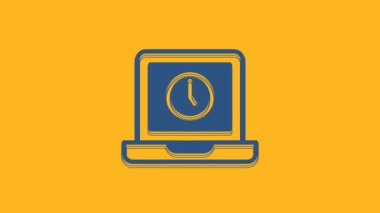 Blue Laptop time icon isolated on orange background. Computer notebook with empty screen sign. 4K Video motion graphic animation .