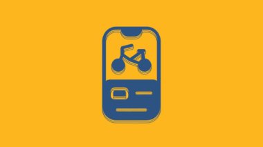 Turuncu arka planda mavi bisiklet kiralama mobil uygulama simgesi izole edildi. Şehirde bisiklet kiralamak için iyi bir servis. Paylaşım sistemi için mobil uygulama. 4K Video hareketli grafik canlandırması .