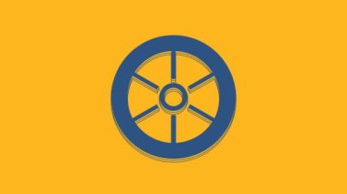 Blue Bicycle wheel icon isolated on orange background. Bike race. Extreme sport. Sport equipment. 4K Video motion graphic animation .