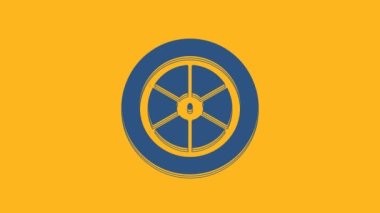 Blue Bicycle wheel icon isolated on orange background. Bike race. Extreme sport. Sport equipment. 4K Video motion graphic animation .