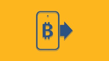 Blue Mining bitcoin from mobile icon isolated on orange background. Cryptocurrency mining, blockchain technology service. 4K Video motion graphic animation .