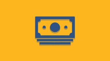 Blue Stacks kağıt para ikonu turuncu arka planda izole. Para desteleri. Para birimi. 4K Video hareketli grafik canlandırması .