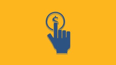 Blue Hand holding coin icon isolated on orange background. Dollar or USD symbol. Cash Banking currency sign. 4K Video motion graphic animation .
