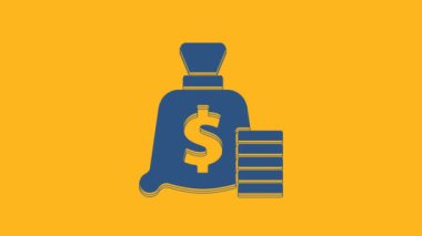 Mavi Para Çantası simgesi turuncu arka planda izole edildi. Dolar ya da USD sembolü. Nakit bankacılık tabelası. 4K Video hareketli grafik canlandırması .