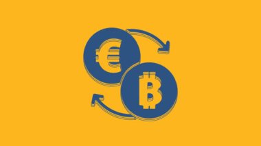 Blue Cryptocurrency exchange icon isolated on orange background. Bitcoin to euro exchange icon. Cryptocurrency technology, mobile banking. 4K Video motion graphic animation .