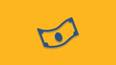 Blue Stacks paper money cash icon isolated on orange background. Money banknotes stacks. Bill currency. 4K Video motion graphic animation .