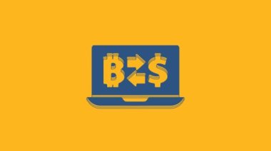 Blue Cryptocurrency exchange icon isolated on orange background. Bitcoin to dollar exchange icon. Cryptocurrency technology, mobile banking. 4K Video motion graphic animation .