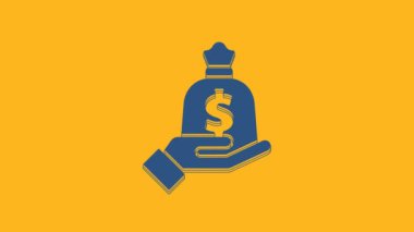 Mavi El para çantası ikonunu turuncu arka planda tutuyor. Dolar ya da USD sembolü. Nakit bankacılık tabelası. 4K Video hareketli grafik canlandırması .