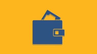 Blue Wallet with stacks paper money cash icon isolated on orange background. Purse icon. Cash savings symbol. 4K Video motion graphic animation .