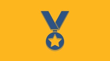 Blue Military reward medal icon isolated on orange background. Army sign. 4K Video motion graphic animation .