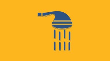Blue Shower head with water drops flowing icon isolated on orange background. 4K Video motion graphic animation .