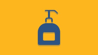 Blue Bottle of liquid antibacterial soap with dispenser icon isolated on orange background. Antiseptic. Disinfection, hygiene, skin care. 4K Video motion graphic animation .