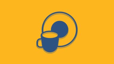 Blue Washing dishes icon isolated on orange background. Cleaning dishes icon. Dishwasher sign. Clean tableware sign. 4K Video motion graphic animation .