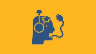 Blue Robot charging battery icon isolated on orange background. Artificial intelligence, machine learning, cloud computing. 4K Video motion graphic animation .