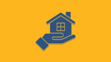 Blue House in hand icon isolated on orange background. Insurance concept. Security, safety, protection, protect concept. 4K Video motion graphic animation .