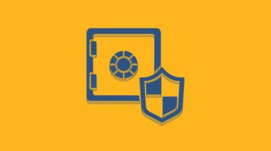 Blue Safe with shield icon isolated on orange background. Insurance concept. Security, safety, protection, protect concept. 4K Video motion graphic animation .