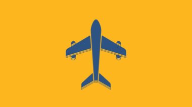 Blue Plane icon isolated on orange background. Flying airplane. Airliner insurance. Security, safety, protection, protect concept. 4K Video motion graphic animation .