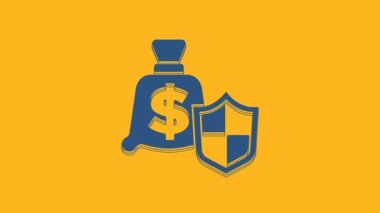 Blue Money with shield icon isolated on orange background. Insurance concept. Security, safety, protection, protect concept. 4K Video motion graphic animation .
