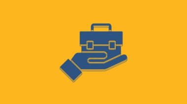 Blue Hand holding briefcase icon isolated on orange background. Insurance concept. Security, safety, protection, protect concept. 4K Video motion graphic animation .