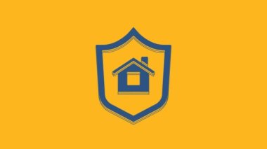 Blue House with shield icon isolated on orange background. Insurance concept. Security, safety, protection, protect concept. 4K Video motion graphic animation .