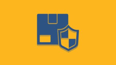 Blue Delivery security with shield icon isolated on orange background. Delivery insurance. Insured cardboard boxes beyond the shield. 4K Video motion graphic animation .