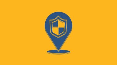 Blue Location shield icon isolated on orange background. Insurance concept. Guard sign. Security, safety, protection, privacy concept. 4K Video motion graphic animation .