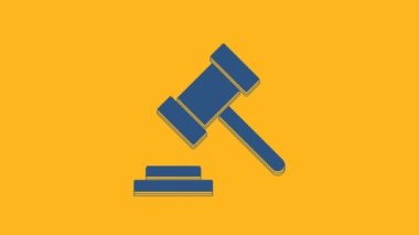 Blue Judge gavel icon isolated on orange background. Gavel for adjudication of sentences and bills, court, justice. Auction hammer. 4K Video motion graphic animation .