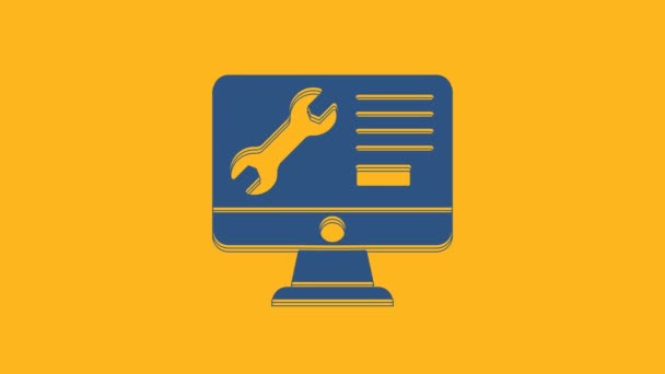 Blue Computer Monitor Wrench Icon Isolated Orange Background Adjusting Service — Stockvideo