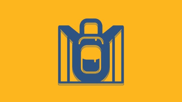 Μπλε Πεζοπορία Σακίδιο Εικονίδιο Απομονώνονται Πορτοκαλί Φόντο Κάμπινγκ Και Βουνό — Αρχείο Βίντεο