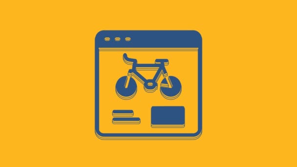 蓝色自行车租赁移动应用程序图标孤立在橙色背景 城市租车的明智服务 用于共享系统的移动应用程序 4K视频运动图形动画 — 图库视频影像