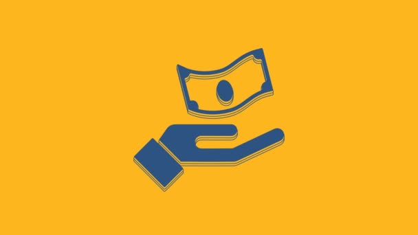 Modrá Ruka Drží Peníze Ikona Izolované Oranžovém Pozadí Symbol Dolaru — Stock video
