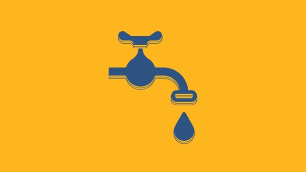 Blue Water Tap Falling Water Drop Icon Isolated Orange Background — Stock Video
