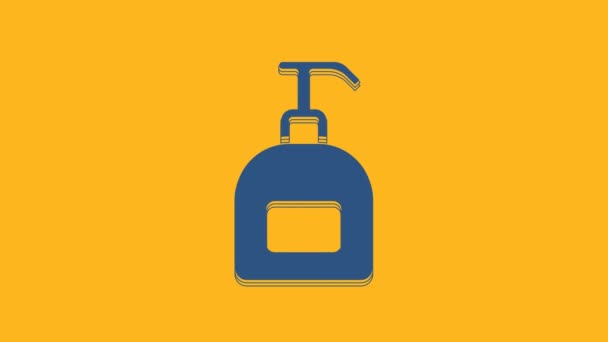 Niebieska Butelka Mydła Antybakteryjnego Ikoną Dozownika Wyizolowaną Pomarańczowym Tle Antyseptyczne — Wideo stockowe