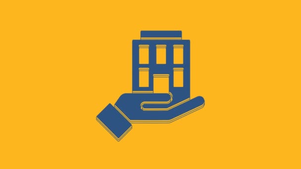 Blue House Hand Icon Isolated Orange Background Insurance Concept Security – stockvideo